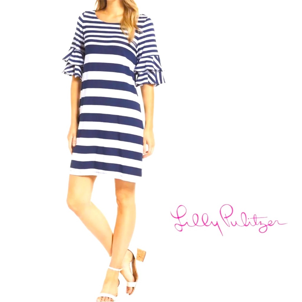 Lilly Pulitzer Lula Dress Striped Scoop Neck Ruffle Sleeve Navy White Nautical L